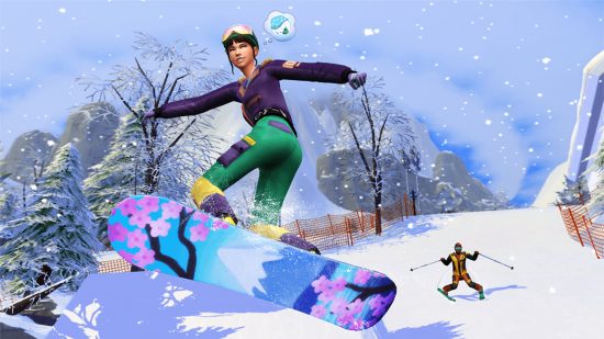 The Sims 4 system requirements: a sim snowboards down a snowy mountain followed by a nervous skier