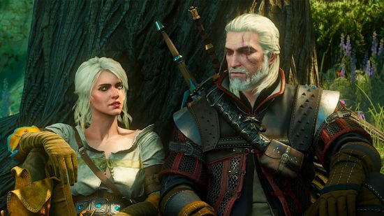 The Witcher 3 system requirements: Ciri (left) and Geralt (right) sit under a tree, conversing on a sunny day