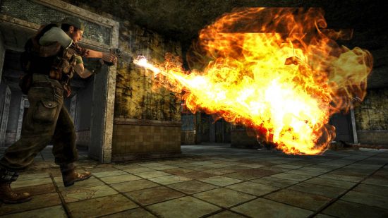 Seorang pria dengan penyembur api, menampilkan peningkatan visual yang esensial, salah satu mod baru Fallout Vegas terbaik