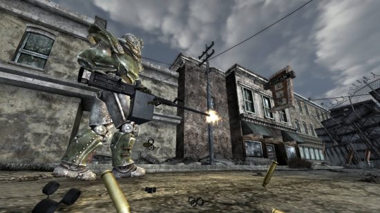 Acolyte Acolyte Brotherhood yang memegang senapan mesin besar di mod yang diperluas senjata, salah satu mod baru Fallout Vegas terbaik di luar sana
