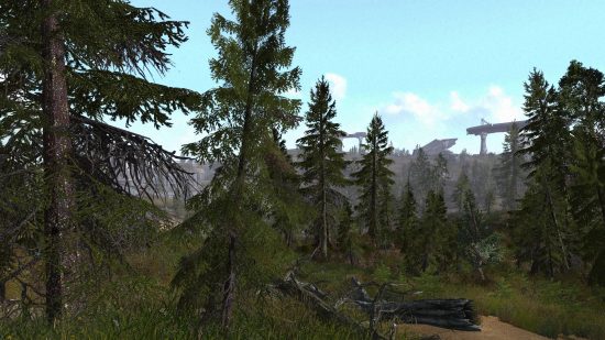 Лес густых зеленых деревьев захватывает пустыню благодаря моду Improved Flora, одному из лучших модов Fallout 3.