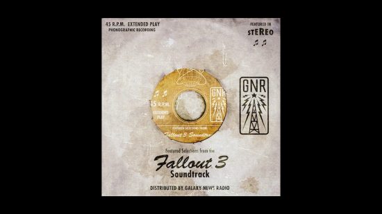 What looks like the cover of an old vinyl record, the Fallout 3 soundtrack, promoting the Galaxy News Radio Enhanced mod, one of the best Fallout 3 mods.