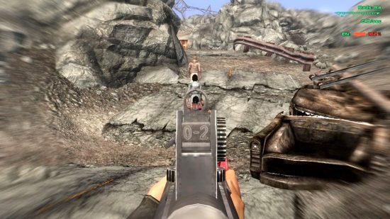 The player aims down the sights of the 556mm SMG with the Fallout 3 mod Iron Sights.