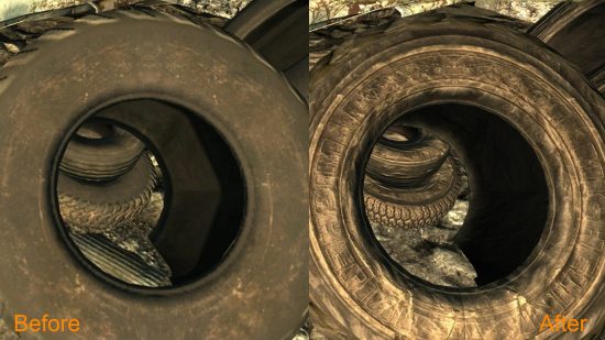 A side-by-side image of tyres in FO3, on the left with original textures, and on the right, with far more detail, with the NMC texture pack installed, one of the best Fallout 3 mods.