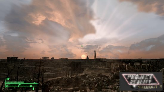 A view over the wasteland in Fallout 3, demonstrating the improved lighting effects offered by Project Reality, one of the best Fallout 3 mods.