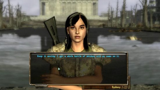 A text box appears under an image of Sydney in the Sydney Follower Fallout 3 mod, which reads: "Keep it moving. I got a whole bottle of whiskey with my name on it."