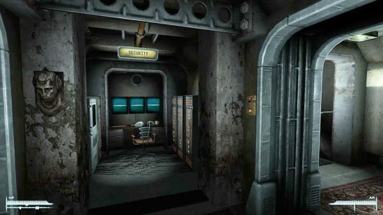 The inside of the security room in a new vault, part of Underground Hideout, one of the best Fallout 3 mods.