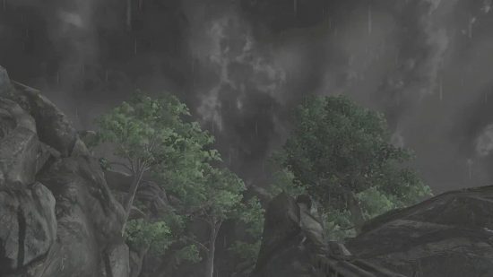 Rain falls from a gloomy grey sky thanks to one of the best Fallout 3 mods, Enhanced Weather.