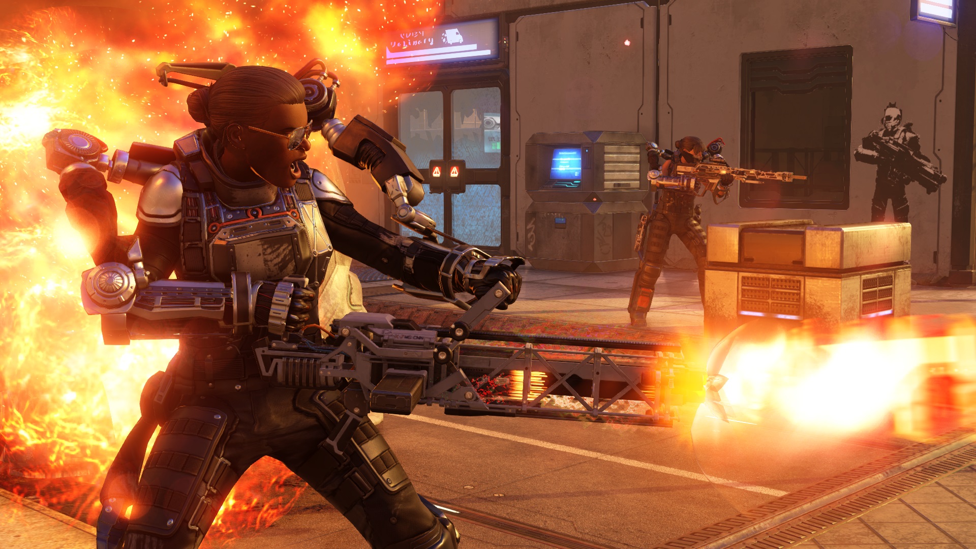 Best strategy games: two humans wearing exo-skeletons and blasting away at offscreen enemies in XCOM 2.
