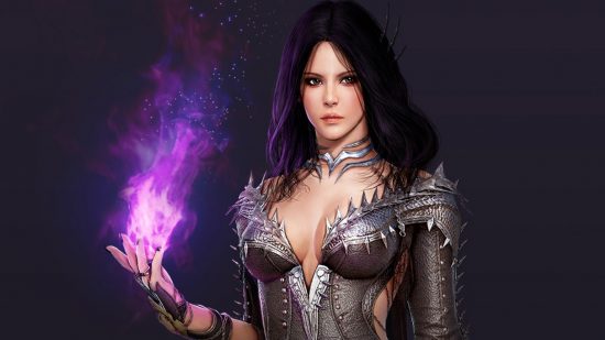 Black Desert Online guide: A Black Desert Sorceress wields purple fire in the palm of her hand.