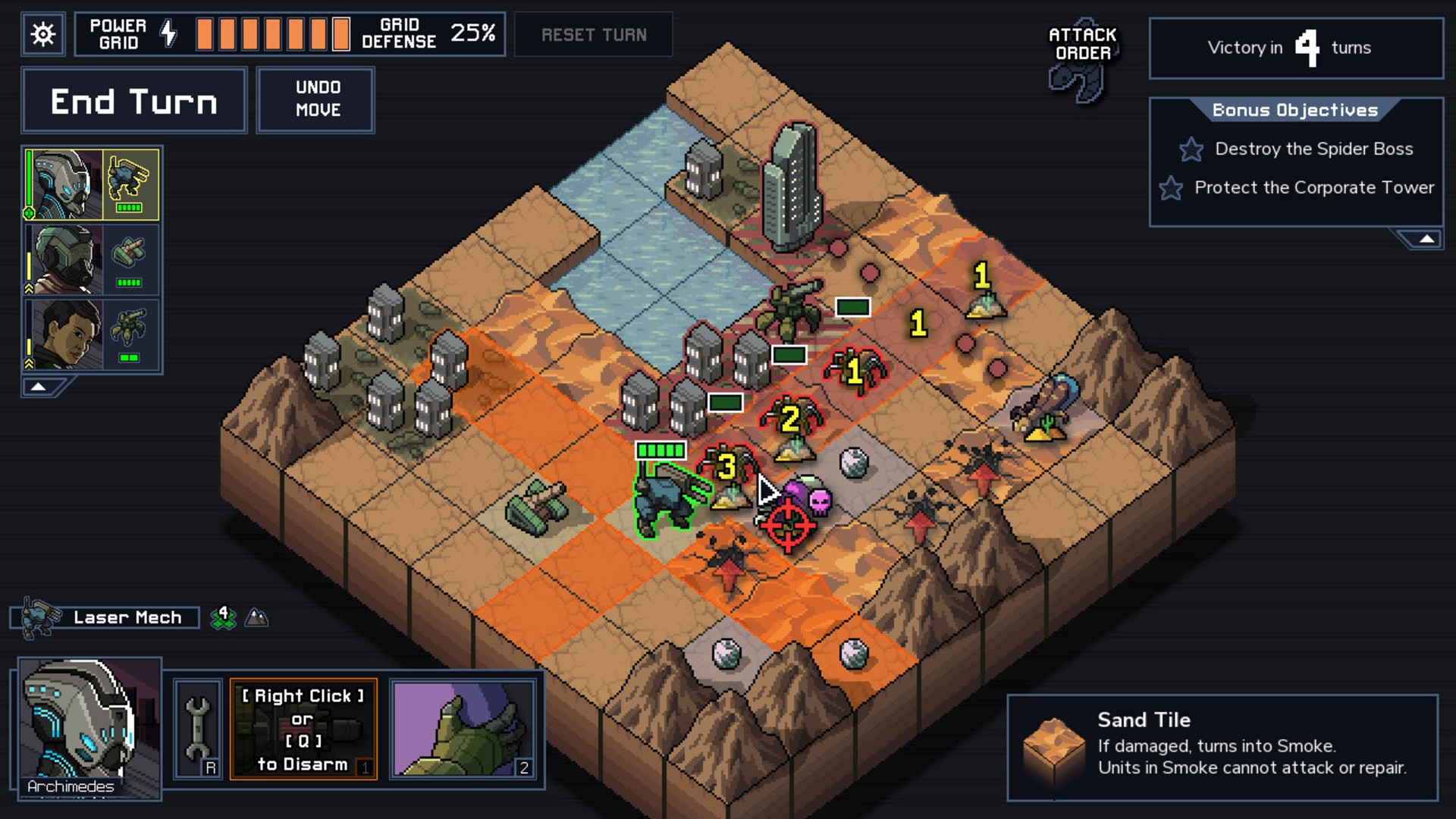 A battle in a sandy locale in one of the best laptop games, Into the Breach
