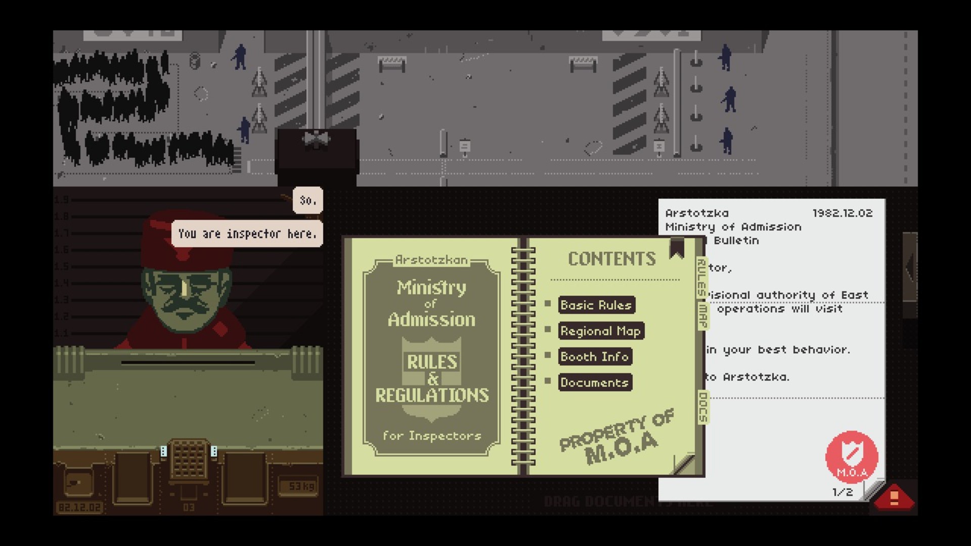 Inspecting papers in Papers, Please, one of the best laptop games