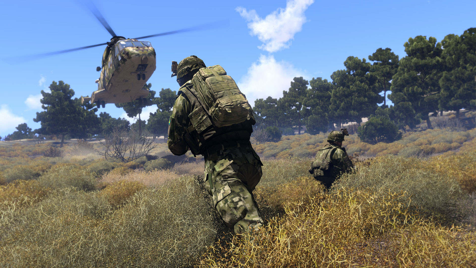 Best simulation games: Arma 3. Image shows soldiers and a helicopter in the battlefield.