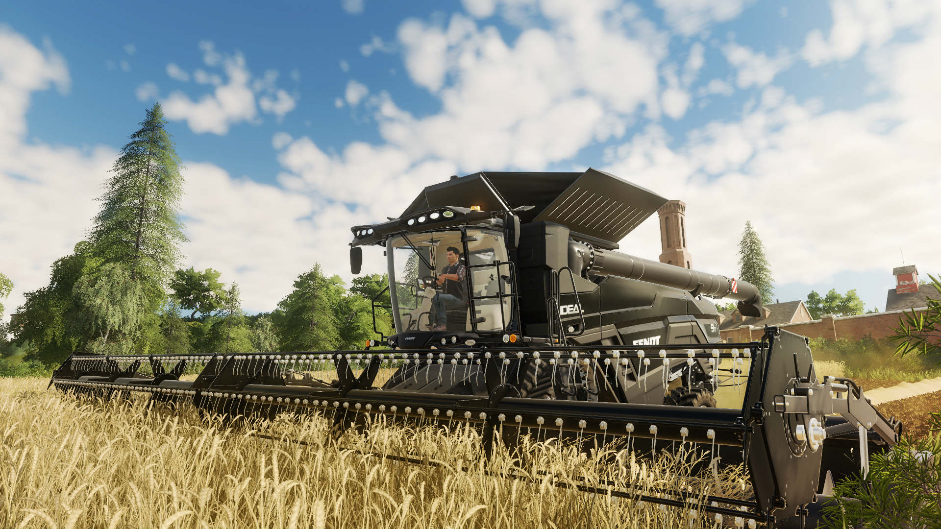 Best simulation games: Farming Simulator 19. Image shows a combine harvester harvesting.