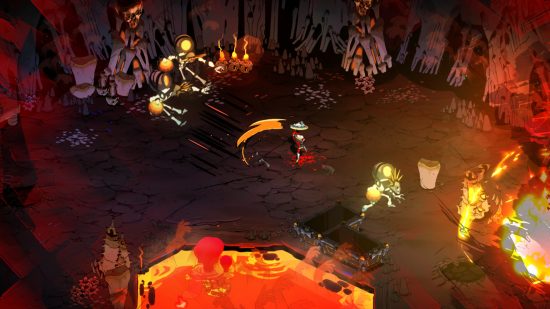 Best single player games - Hades: A volcano-esque area with bones stacked along the walls and some monsters wandering around,.