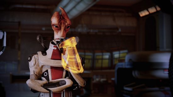 Best single player games - Mass Effect Legendary Edition: An alien in a space suit pondering something, with their hand on their chin.