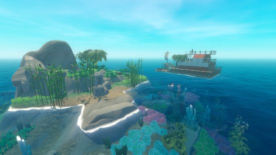 Best single player games - Raft: A panoramic view of some islands in the ocean.