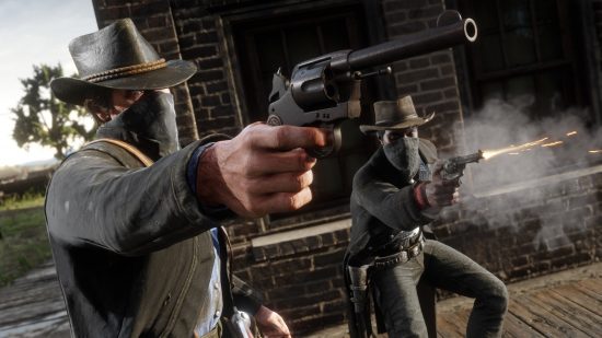 Best single player games - Red Dead Redemption 2: Two people with bandanas and hats firing revolvers.