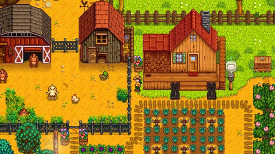 Trò chơi chơi đơn hay nhất - Stardew Valley: Nhân vật người chơi đứng trong trang trại của họ với một số cây trồng và động vật gần đó