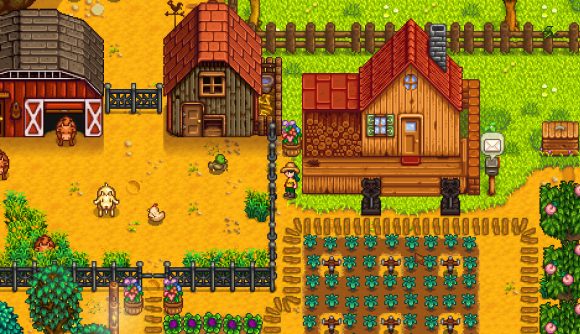 Best single player games - Stardew Valley: The player character stood on their farm with some crops and animals nearby.