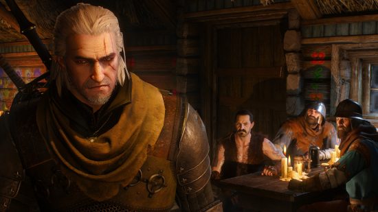 Best single player games - The Witcher 3: Geralt in a pub with a table full of bandits looking at him in the background.