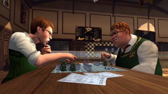 Best Christmas levels - two students in green sleeveless jumpers and white shirts are playing a tabletop RPG in Bully.