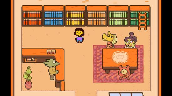 Best Christmas levels - the protagonist from Undertale is stood inside a library with three kids and a librarian. Books are sorted by colour.