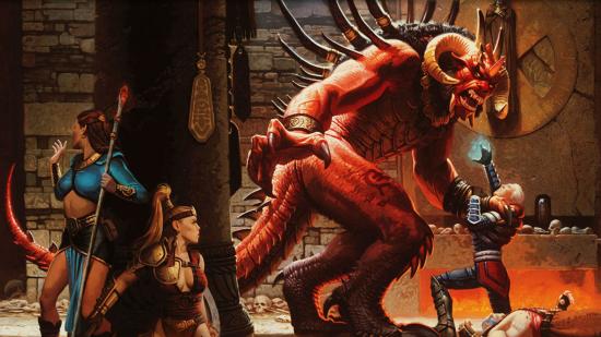 Female fighters hide from a monster in one of the best old games, Diablo II