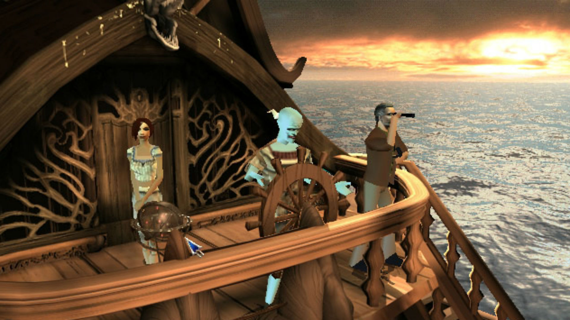 An assortment of intriguing characters at the helm of a ship in The Longest Journey, one of the best old games