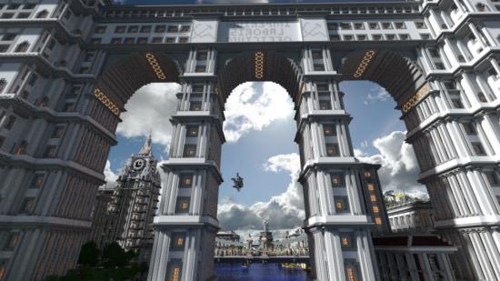Najlepsze mapy Minecraft - stalowe wieże budynkowe nad miastem. Zegar wskazuje o trzeciej