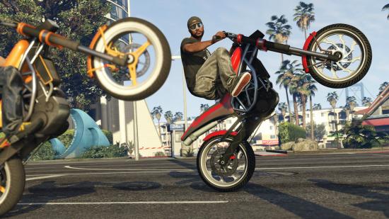 Best PC games - GTA 5: A character doing a wheelie on a motorbike