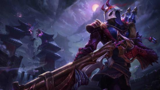 Best PC games - League of Legends: Jhin in his Bloodmoon skin standing under a purple sky