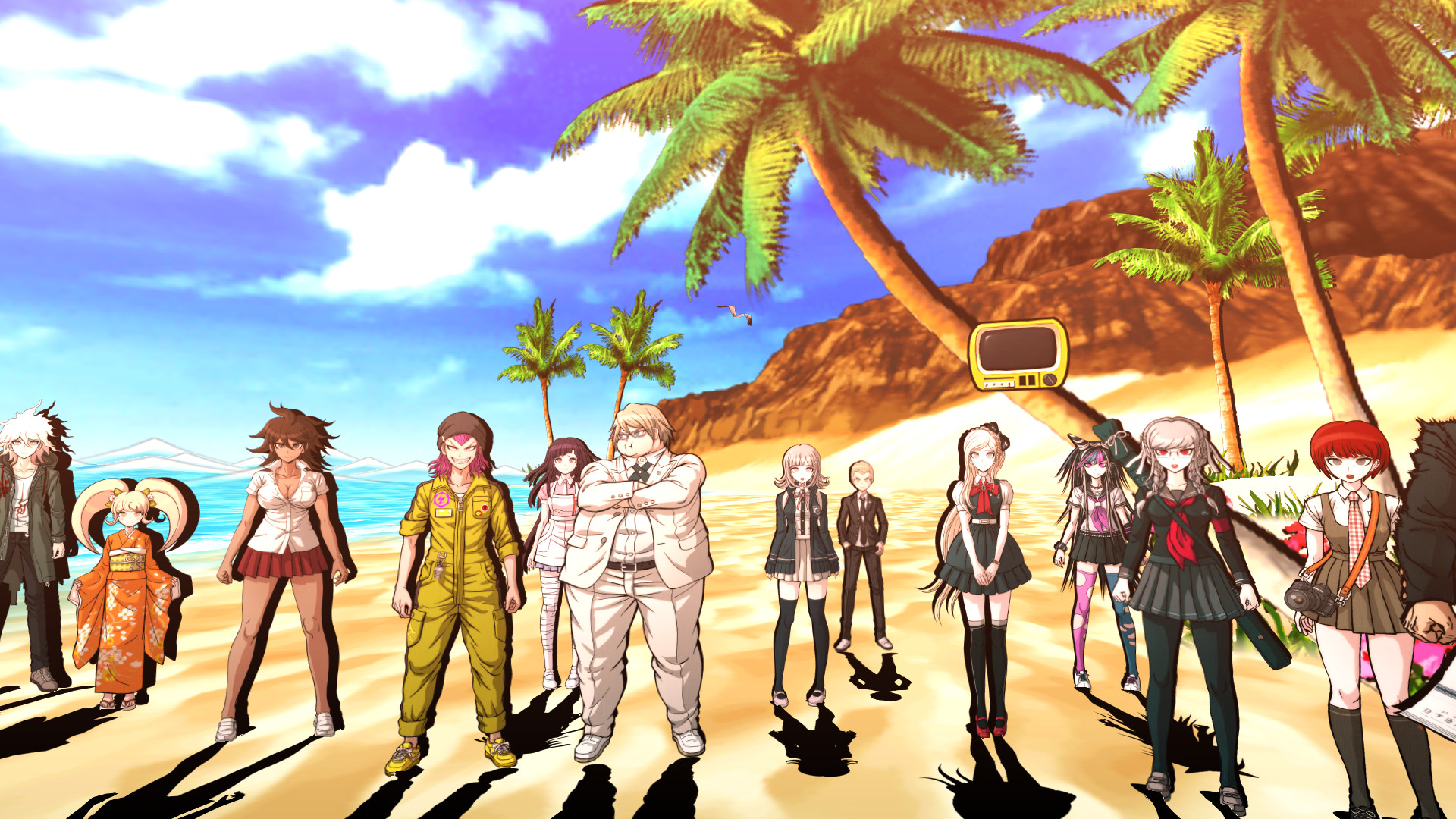 Best anime games: Danganronpa 2: Goodbye Despair. Image shows an assortment of characters on a beach.