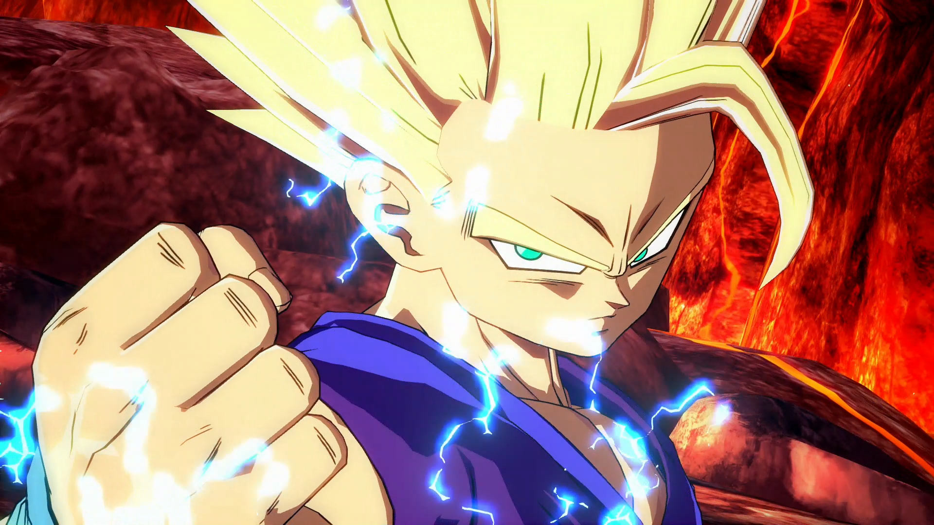 Best anime games: Dragon Ball FighterZ. Image shows somebody filled with electric power.