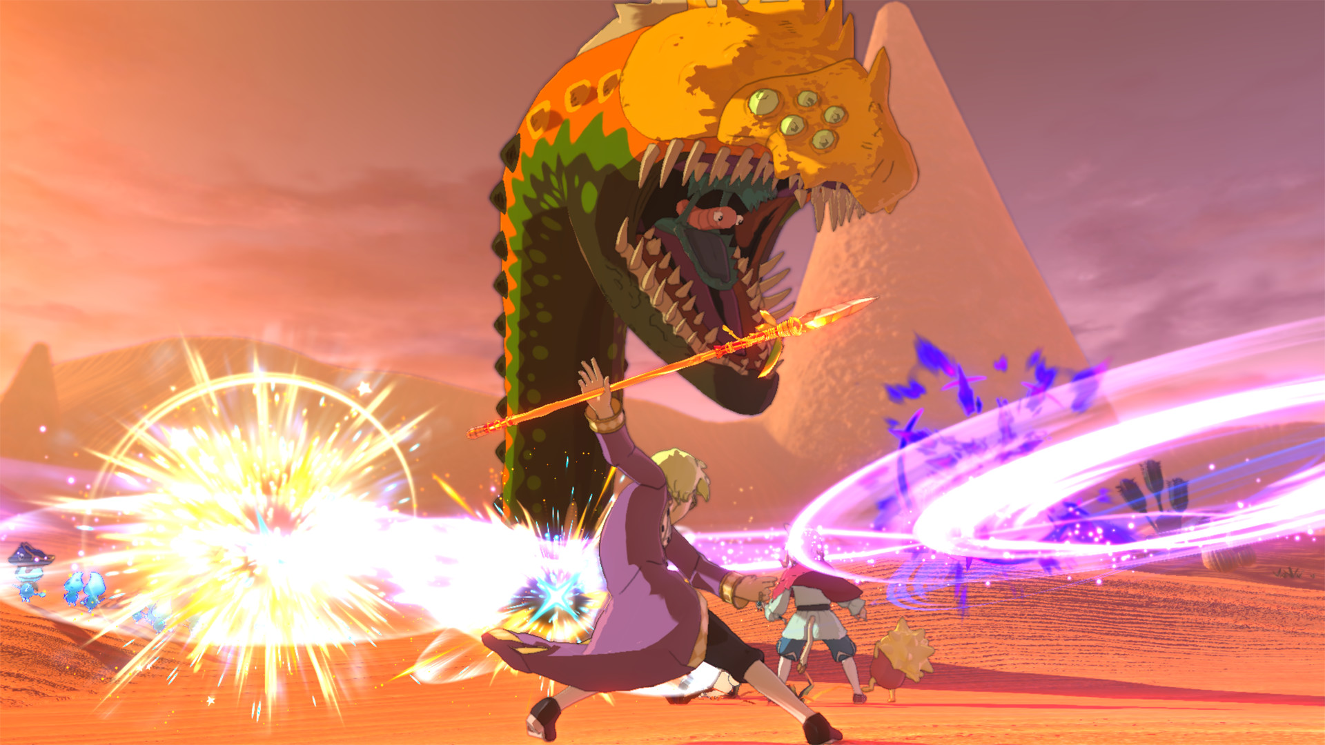 Best anime games: Ni no Kuni 2 - Revenant Kingdom. Image shows characters fighting a large sand worm that has emerged from the sand.