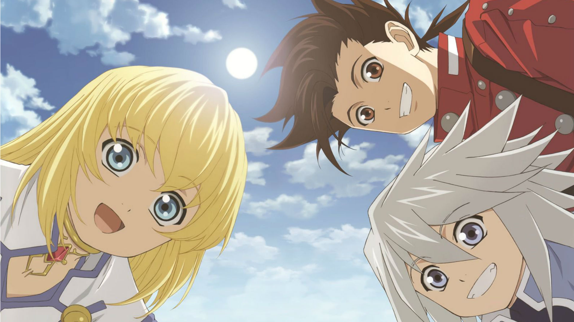 Beste Anime -Spiele: Tales of Symphonia. Das Bild zeigt drei Anime -Leute, die auf Sie herabblicken und mit Wolken hinter ihnen zufrieden aussehen