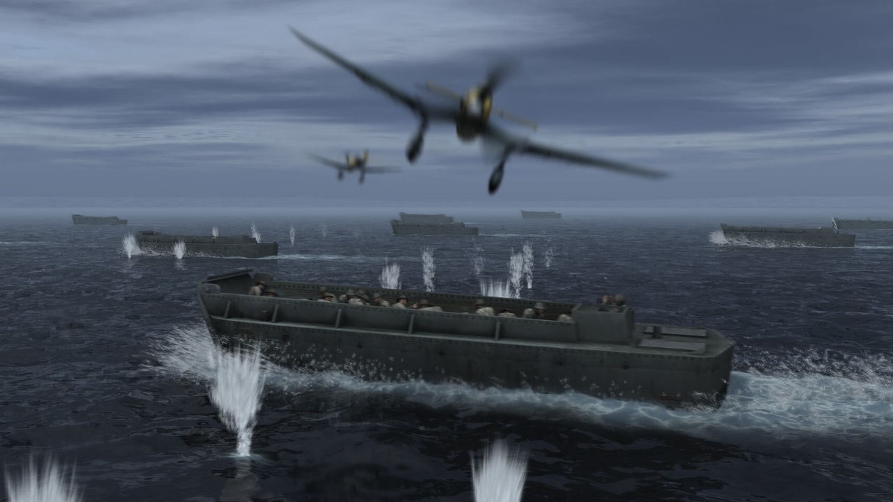 Best WW2 games: Battlefield 1942. Image shows planes and ships in battle at sea.