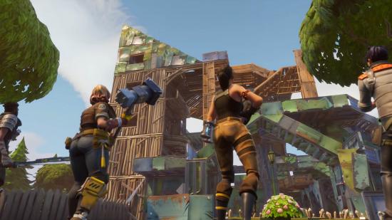 A towering structure of mixed materials in one of the best building games on PC, Fortnite