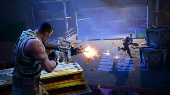 Fortnite tips: a looper with an assault rifle is shooting at another looper with a shotgun inside a warehouse.
