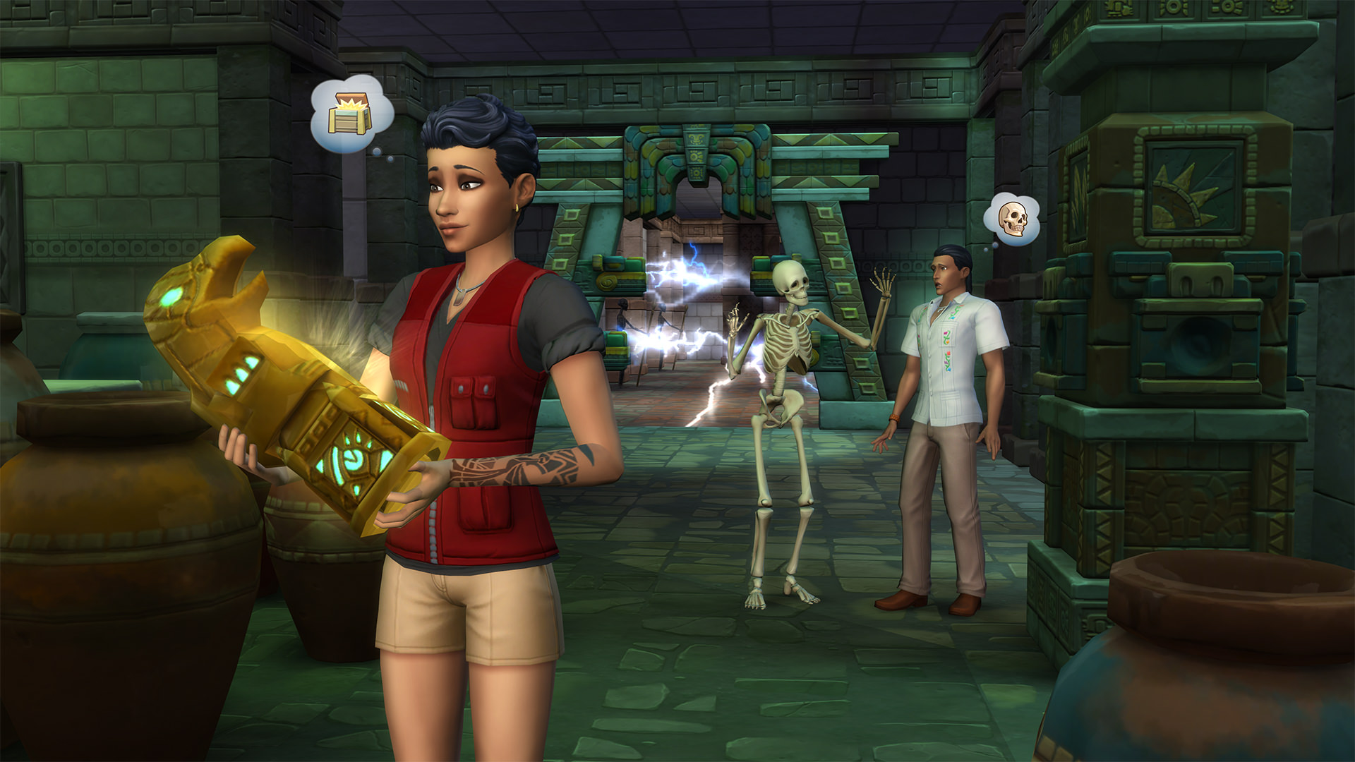 The Sims 4 Adventures screenshot showing a Sim analyzing an ancient artefact while another faces a skeleton.