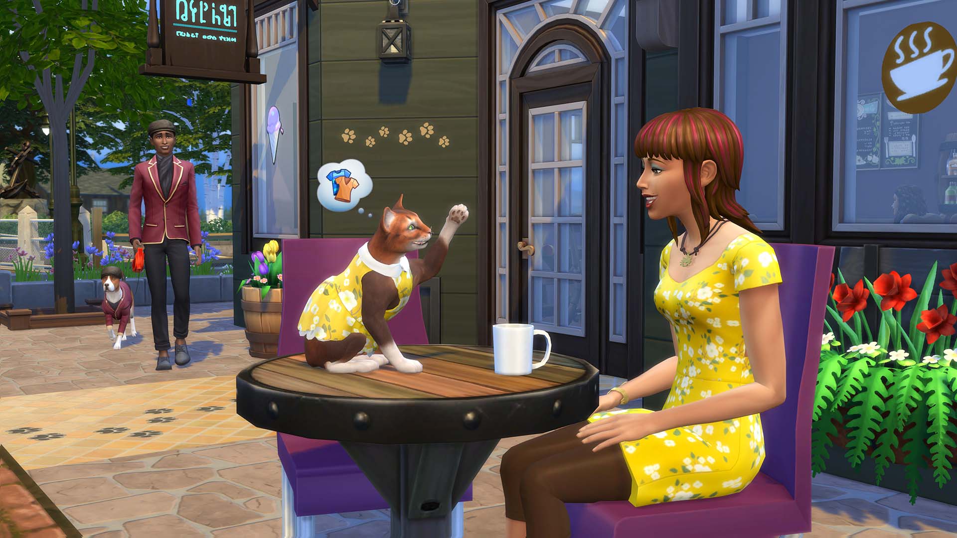 The Sims 4 Cats and Dogs screenshot showing a Sim at a cafe with a cat.