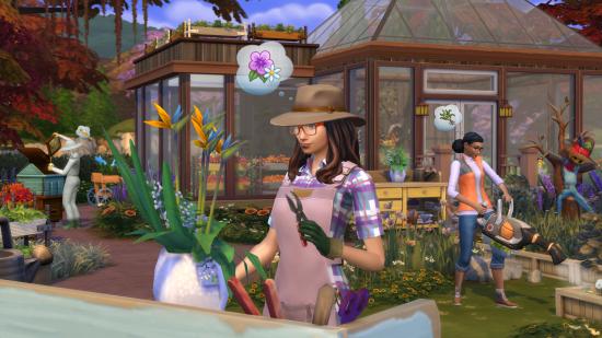The Sims 4 Seasons screenshot showing Sims doing gardening.