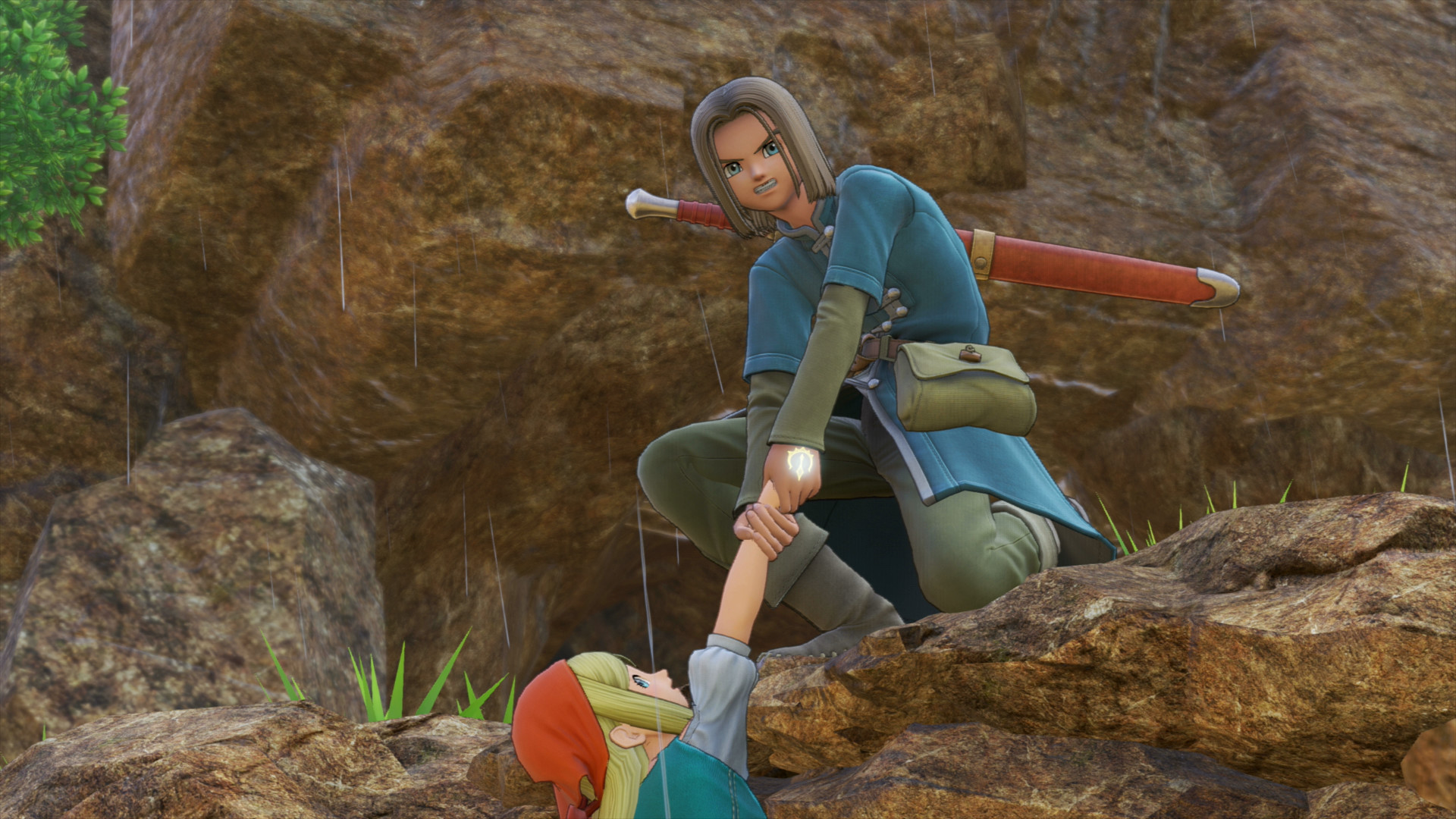 Best anime games: Dragon Quest XI. Image shows a boy pulling a girl up a rocky ledge.