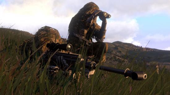 Best multiplayer games: Arma 3. Image shows two soldiers in the grass with a gun and binoculars.