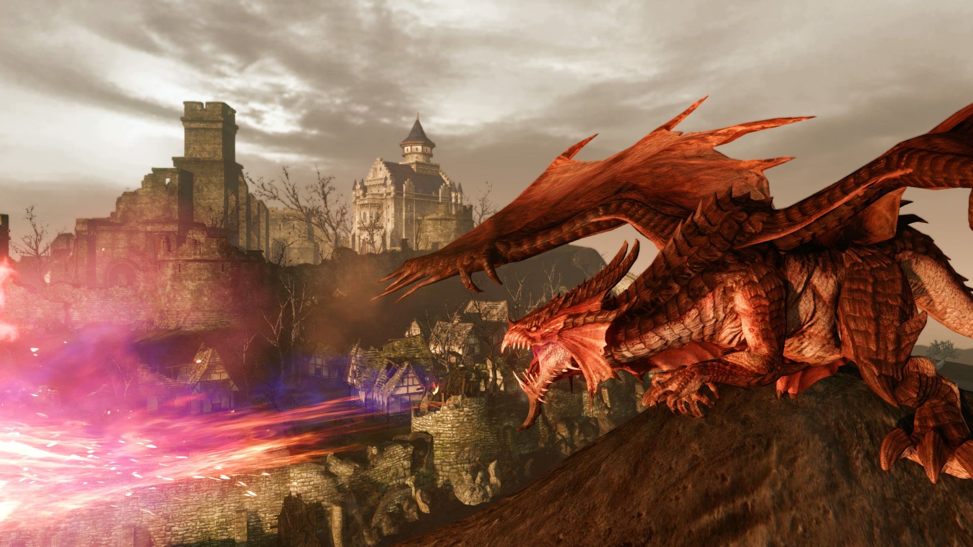 Best free PC games: Archeage. Image shows a dragon looking down on a settlement from on a hill.
