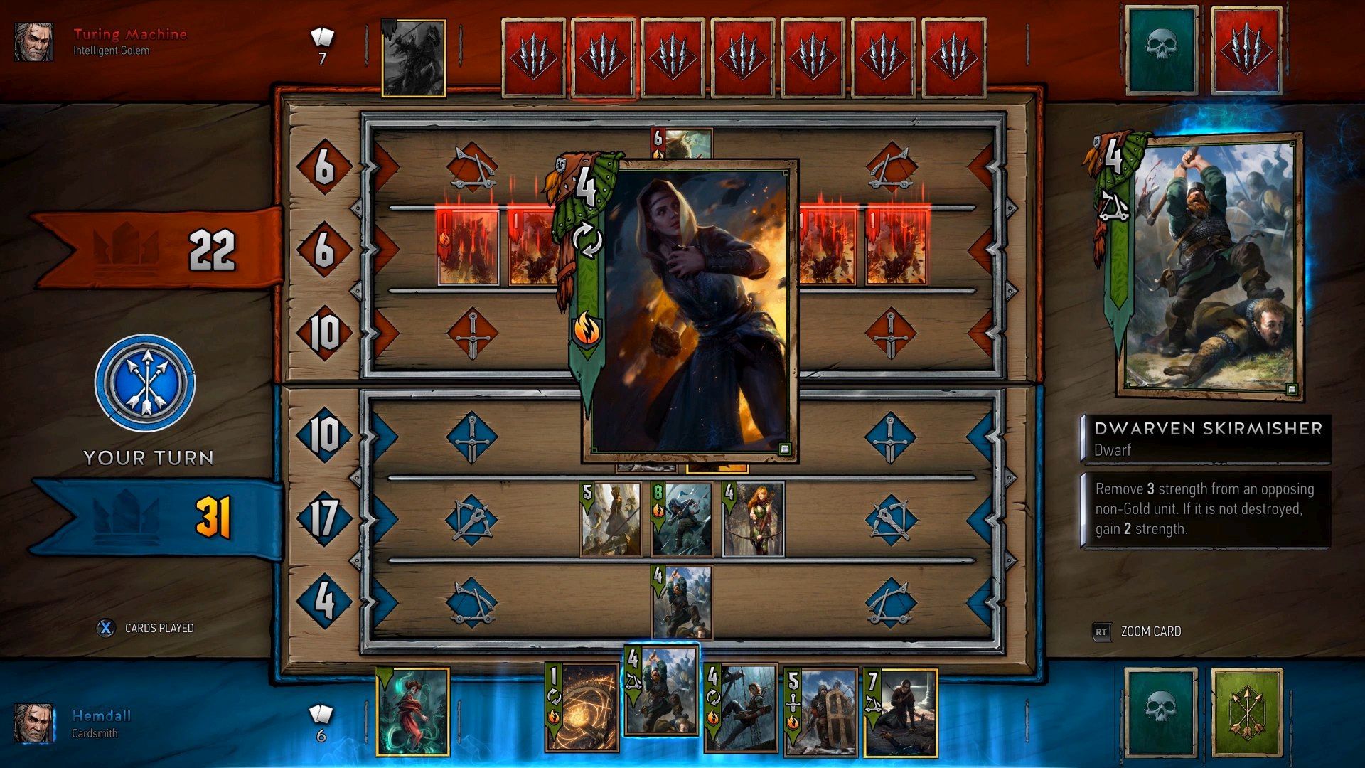 Los mejores juegos gratuitos para PC: Gwent. La imagen muestra a un jugador a punto de usar una tarjeta en un partido.