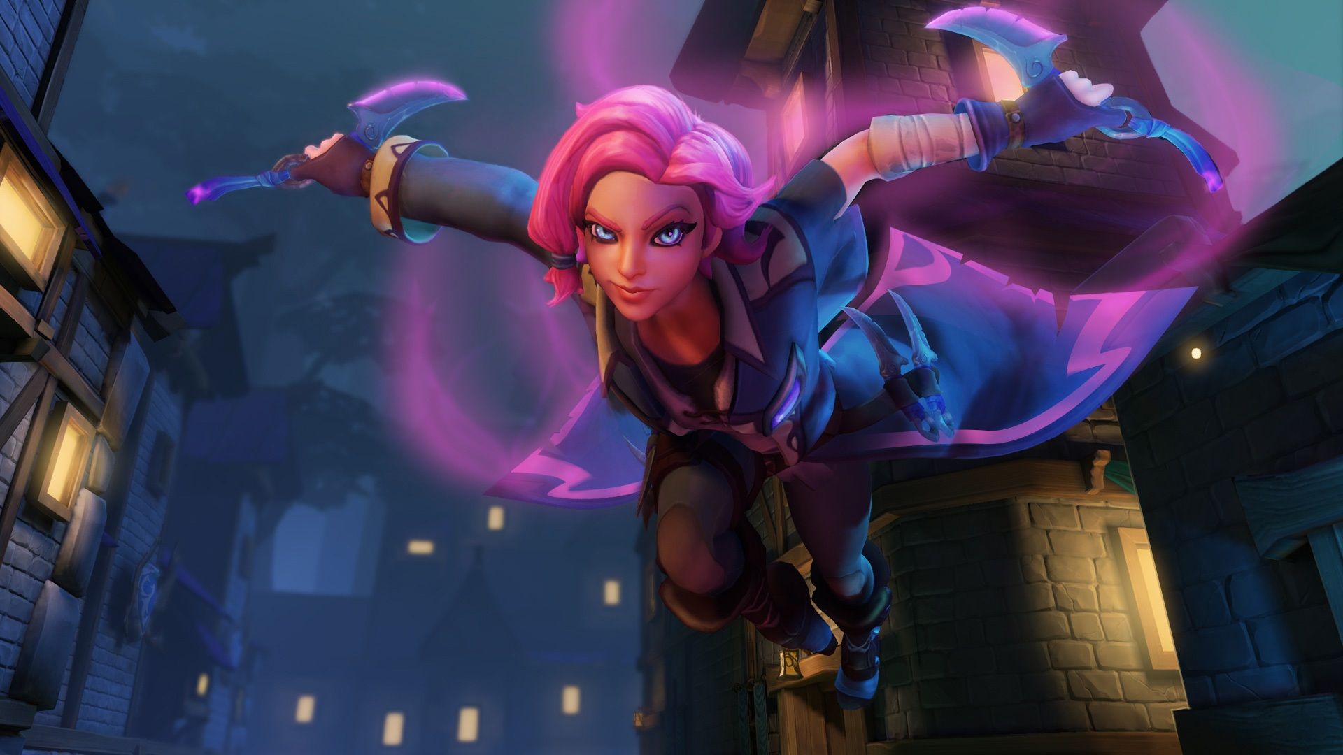 Best free PC games: Paladins. Image shows a lady jumping and holding two knives. She has vibrant hair.