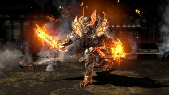 Best free PC games: Path of Exile. Image shows a worried with flaming armour and a flaming sword.