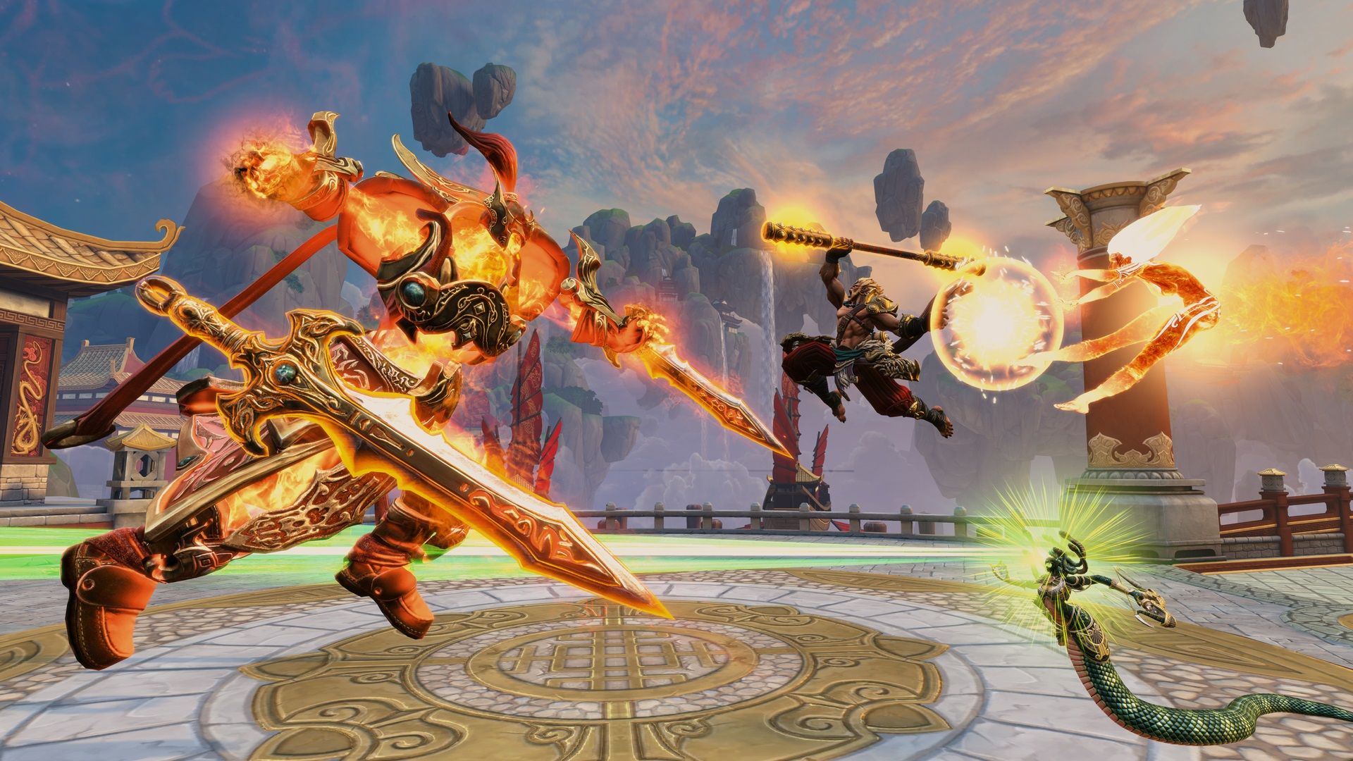 Best free PC games: Smite. Image shows a small fighter about to do battle with a large armoured being.