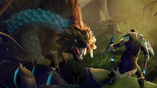 Best free PC games: Dauntless. Image shows a character facing a large beaver-like monster.
